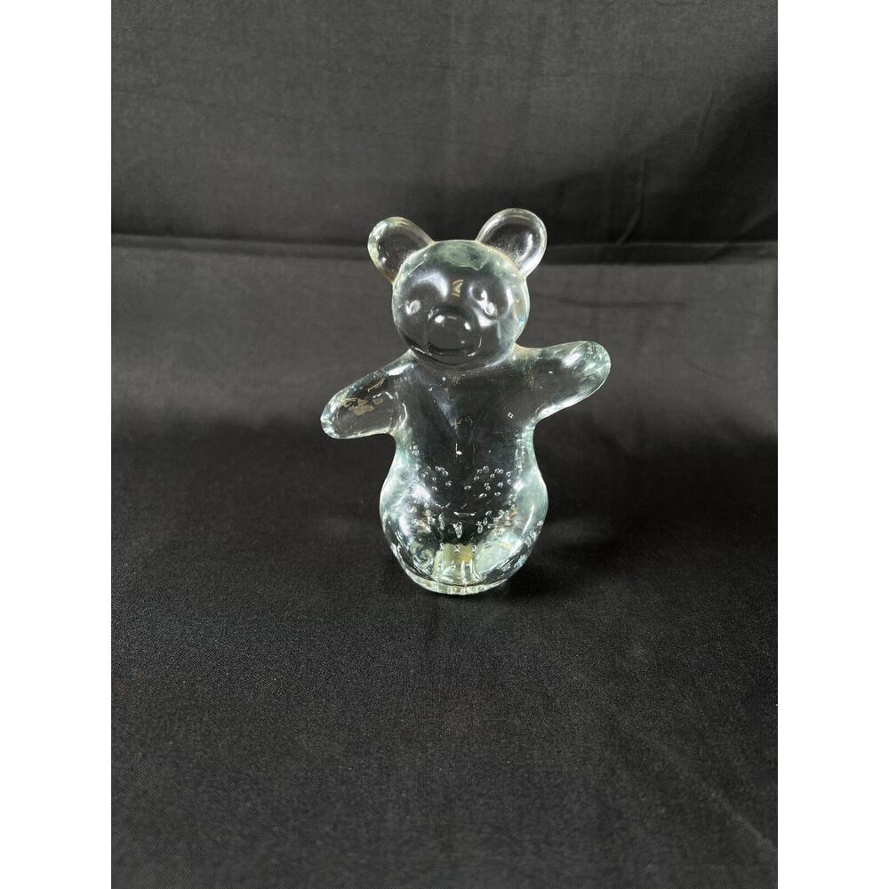 Clear Glass Teddy Bear Figurine Arms Out “Bubbles” Paperweight 4”